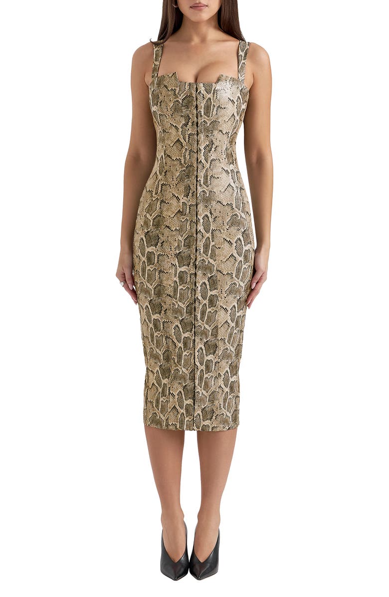 HOUSE OF CB Gracie Panelled Faux Leather Midi Cocktail Dress, Main, color, Beige Snakeskin