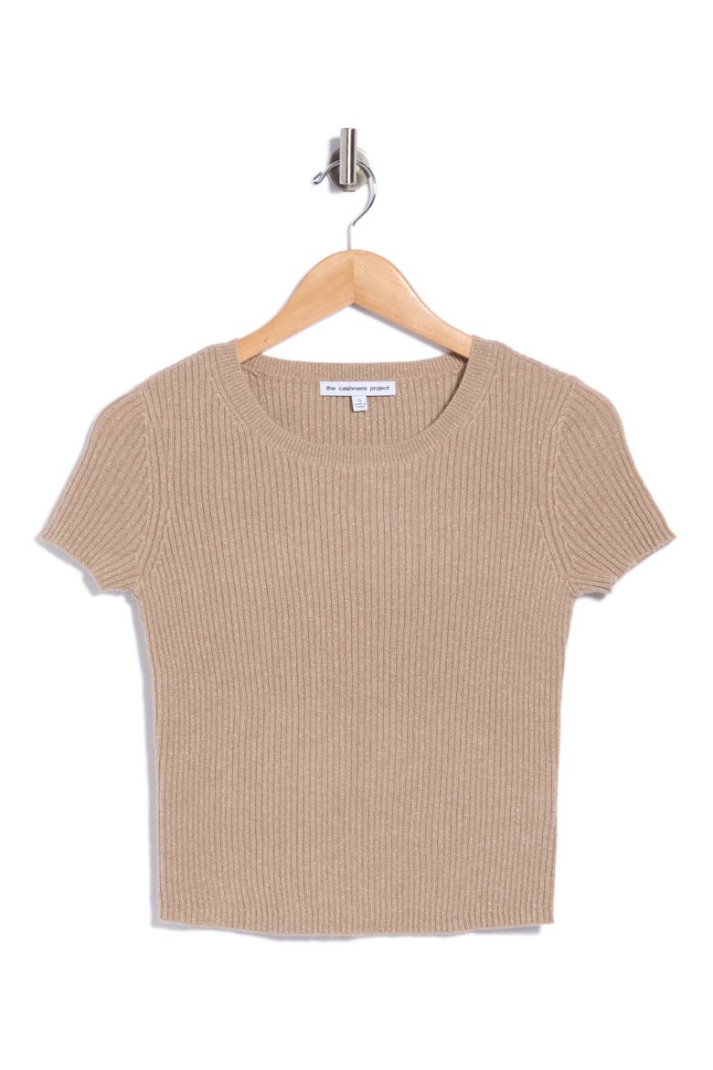 Ribbed Metallic Cashmere Baby Tee, Main, color, TAUPE HEATHER/ GOLD LUREX