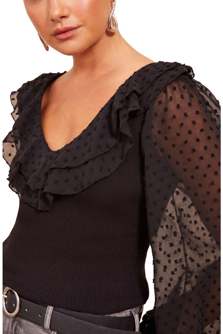 Dobby Balloon Sleeve Rib Top, Alternate, color, BLACK