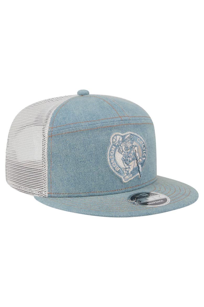 Men's New Era Boston Celtics Adventure Denim Split Panel 9FIFTY Snapback Trucker Hat, Alternate, color, Denim