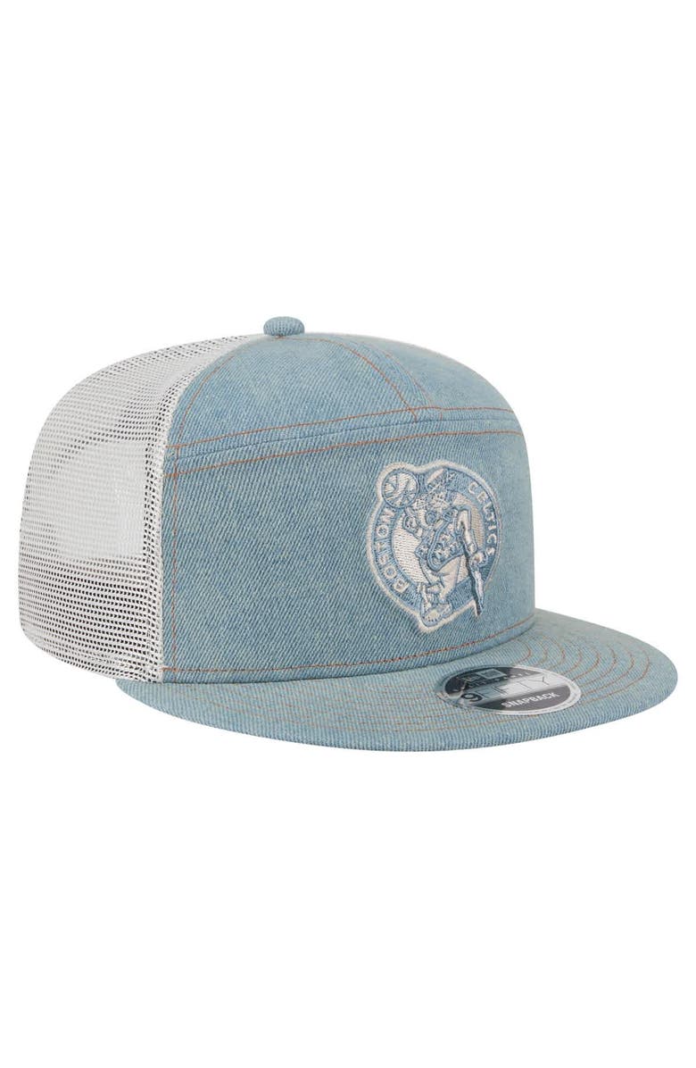 New Era Men's New Era Boston Celtics Adventure Denim Split Panel 9FIFTY Snapback Trucker Hat, Alternate, color, Denim