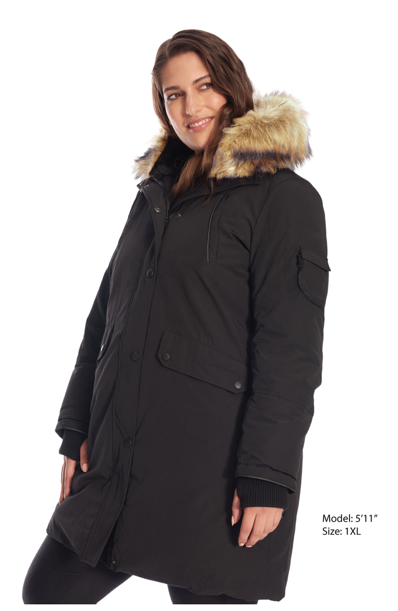 Alpine North LAURENTIAN PLUS SIZE - Vegan Down Long Parka Winter with Faux Fur Hood, Alternate, color, Black