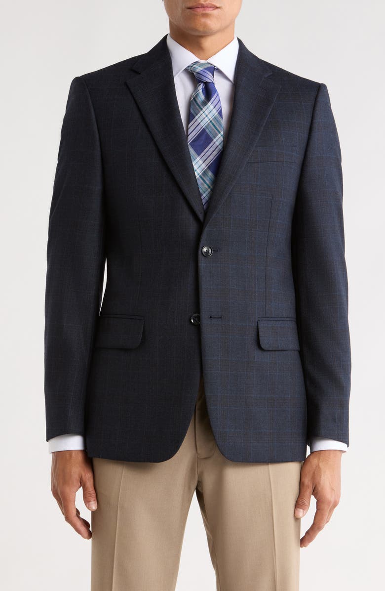 Tommy Hilfiger Plaid Wool Two-Button Sport Coat, Main, color, Navy/ Brown