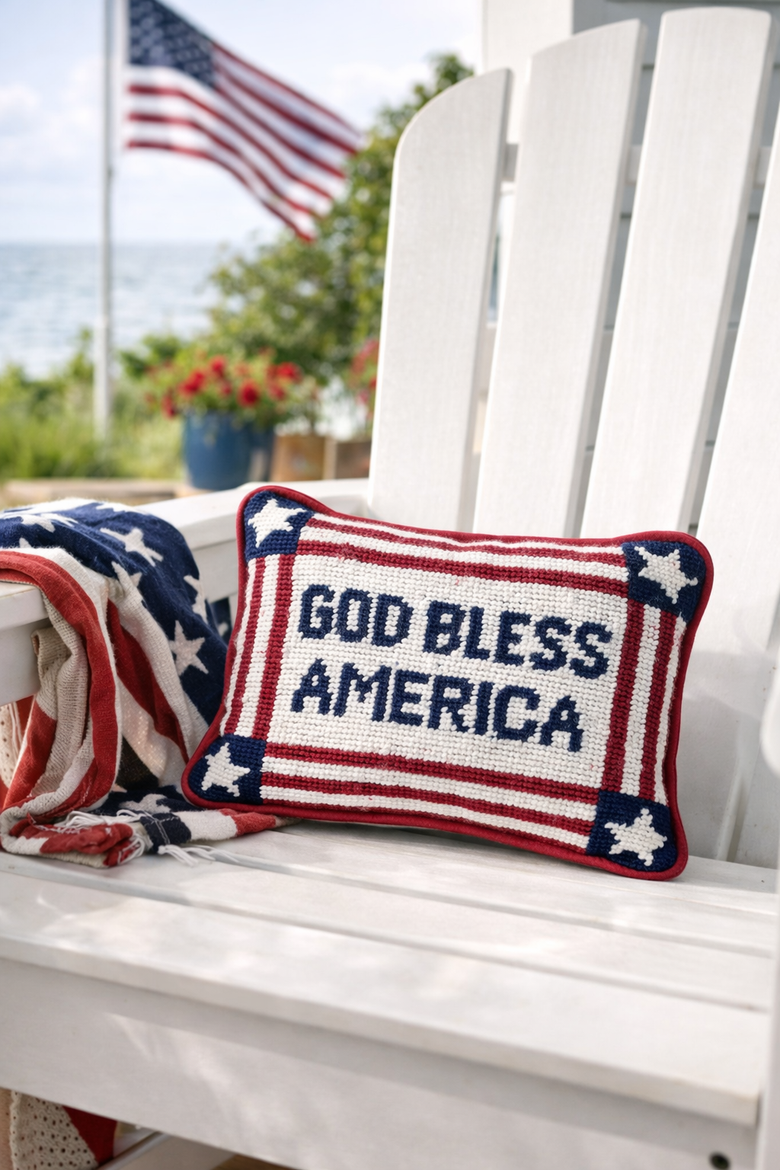 Patriotic "God Bless America" Needlepoint Mini Accent Pillow, 6.5" x 9", Alternate, color, Blue