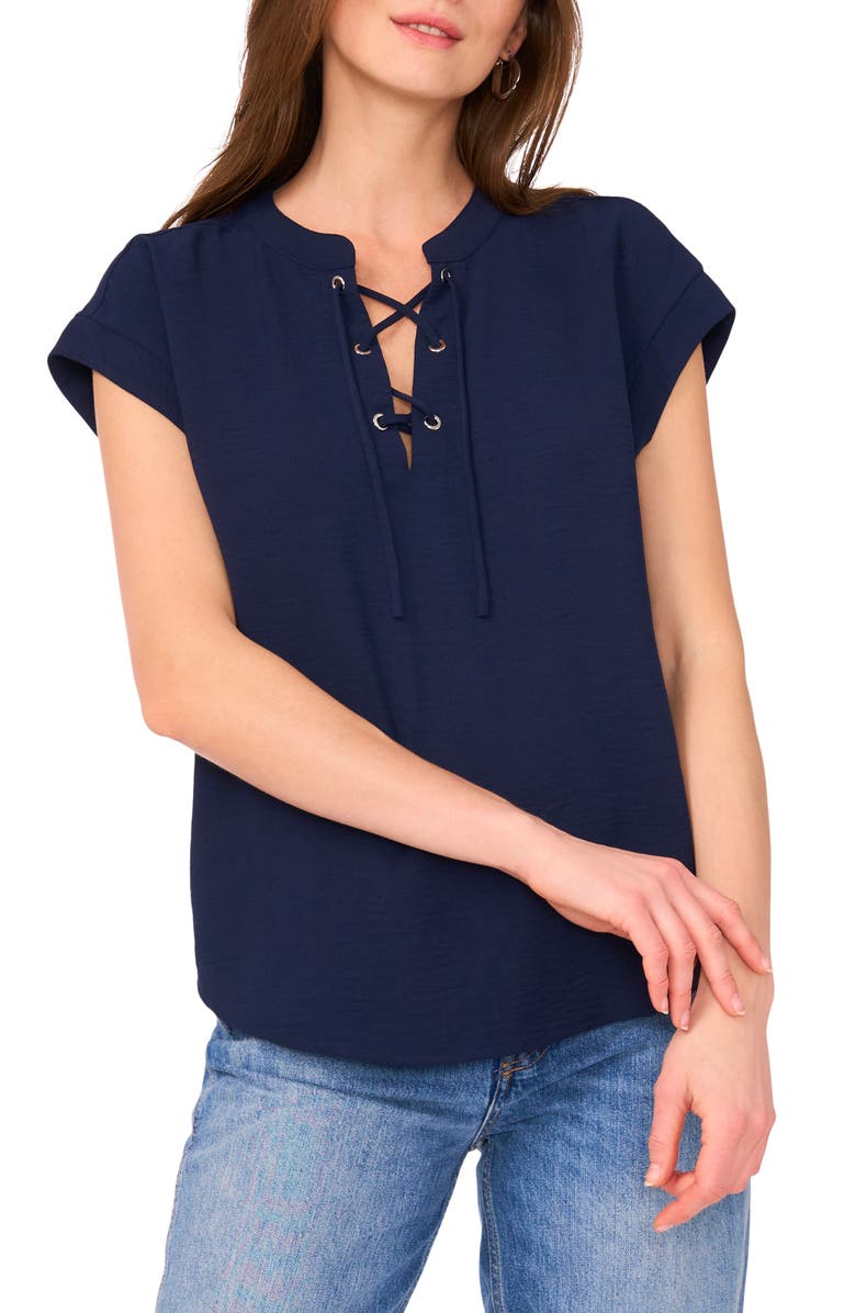 Vince Camuto Crinkle Lace-Up Top, Main, color, Jbs Navy