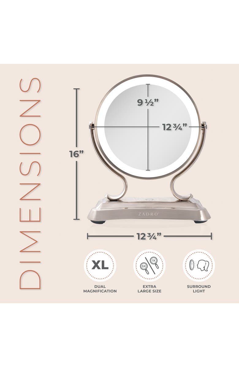 Zadro Glamour Lighted Makeup Mirror with 5X/1X Magnification, Alternate, color, Satin Nickel