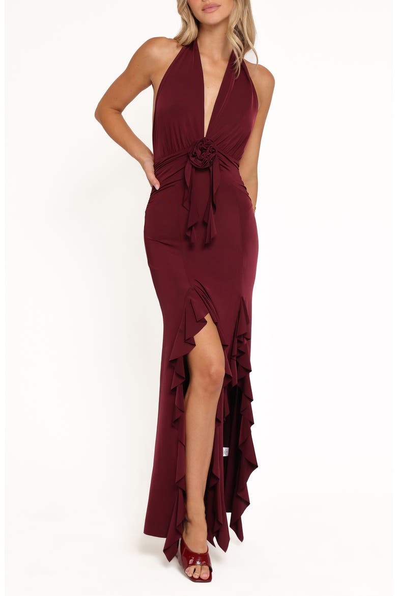Leowna Ruffle Detail Halter Neck Maxi Dress, Main, color, BURGUNDY