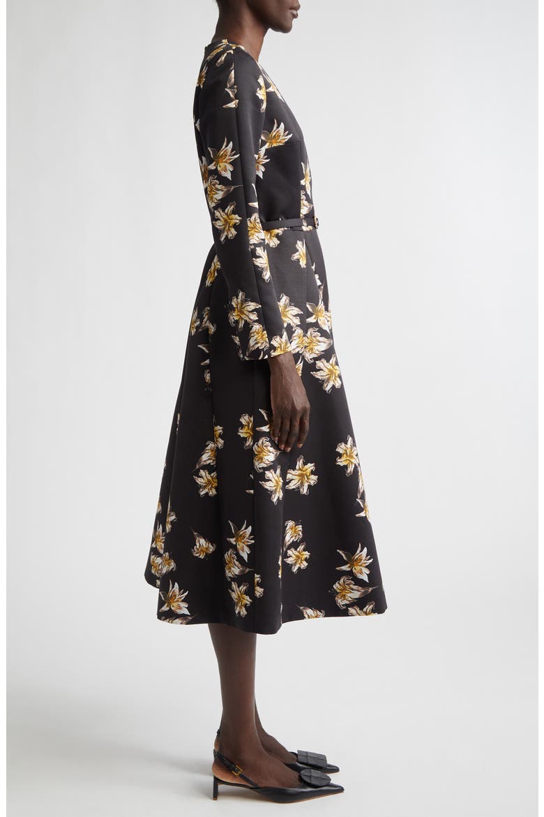 Uccelina Festive Lillies Long Sleeve Belted Fit & Flare Faille Midi Dress, Alternate, color, FESTIVE LILIES BLACK YELLOW