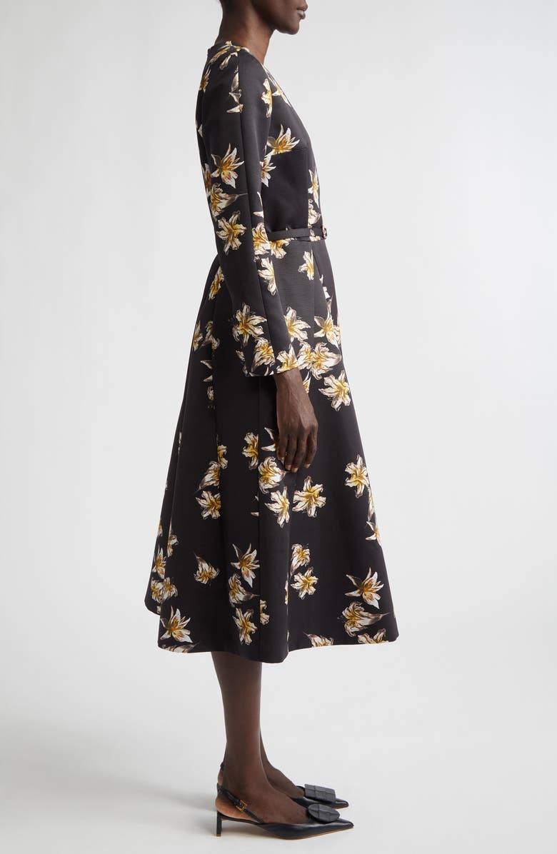 Emilia Wickstead Uccelina Festive Lillies Long Sleeve Belted Fit
Flare Faille Midi Dress, Alternate, color, Festive Lilies Black Yellow