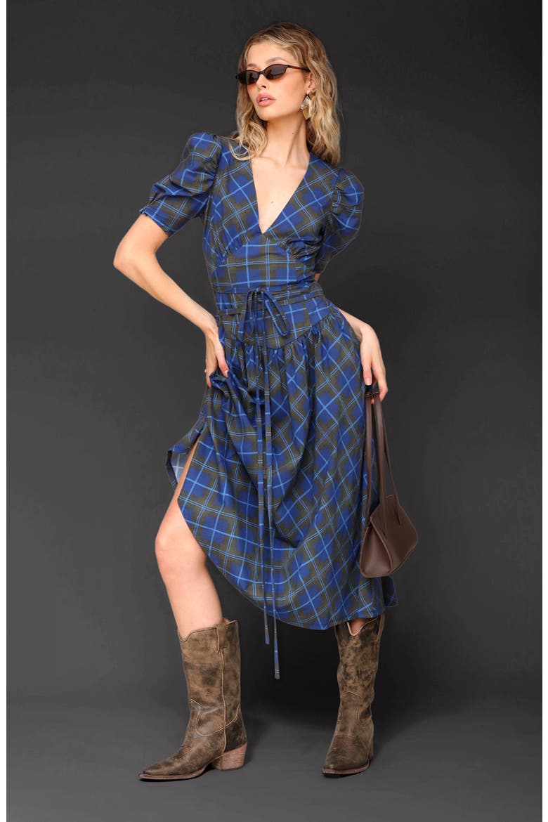 blue and brown plaid dress Avery Dress Blue and Brown Houndstooth Tweed XL / Blue