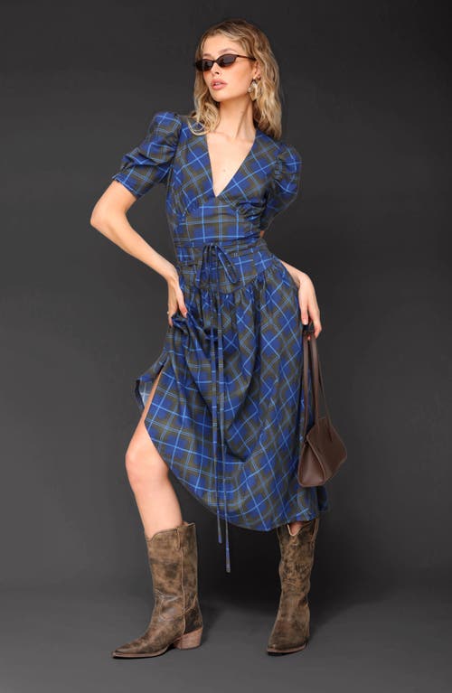 Avec Les Filles Plaid Puff Sleeve Tie Belt Stretch Cotton Midi Dress In Blue