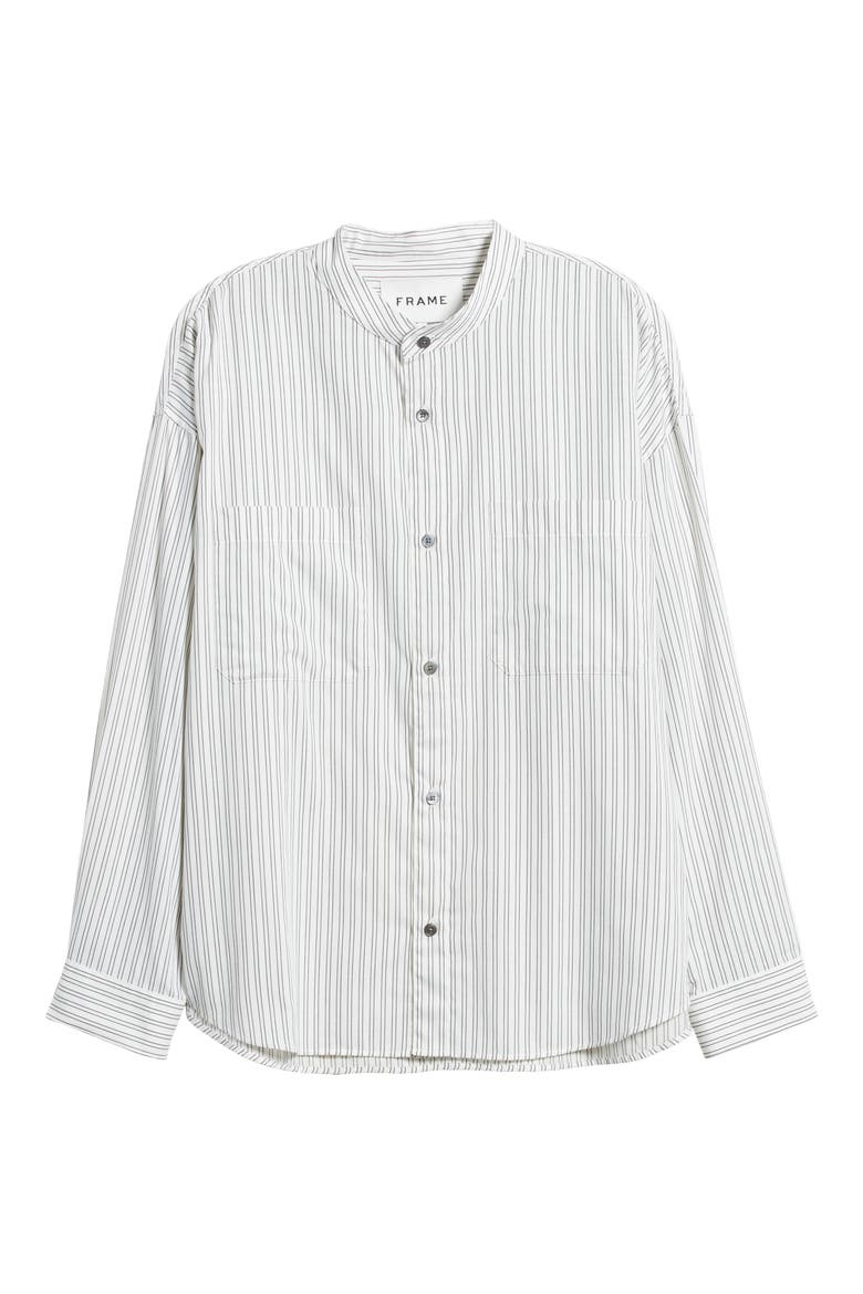 Pinstripe Band Collar Button-Up Shirt, Alternate, color, BLACK WHITE STRIPE