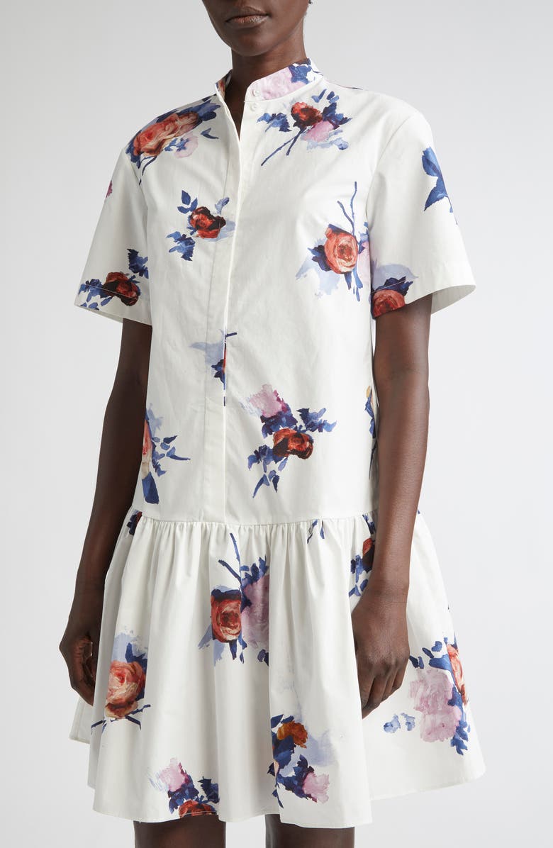 Erdem Short Sleeve Cotton Poplin Mini Shirtdress, Alternate, color, Painted Rose Bouquet White