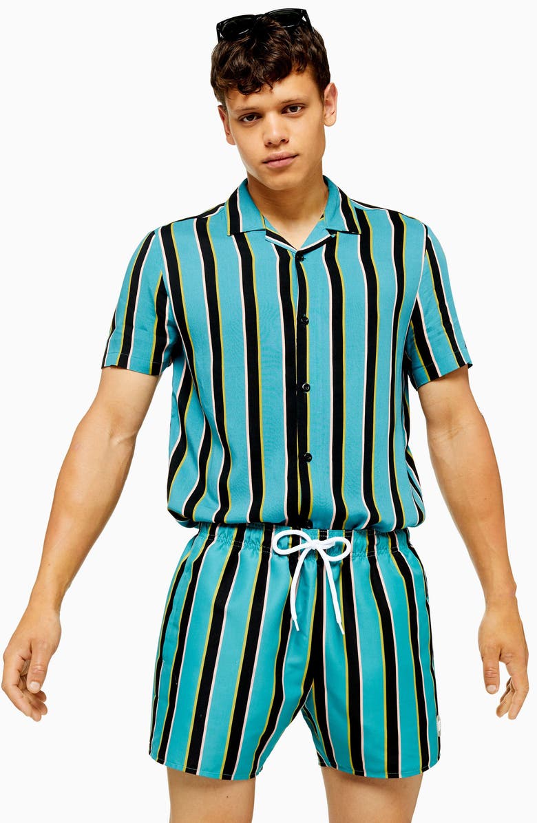 Topman Classic Fit Block Stripe Swim Trunks, Alternate, color, 