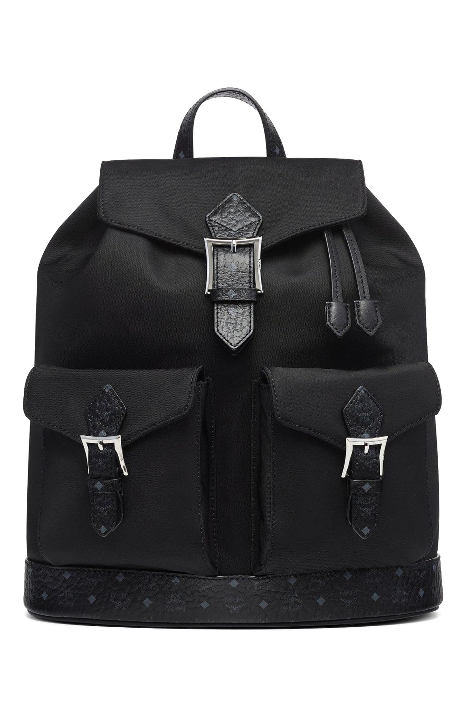 MCM Small Aren Drawstring Backpack in ECONYL and Leather, Main, color, Black