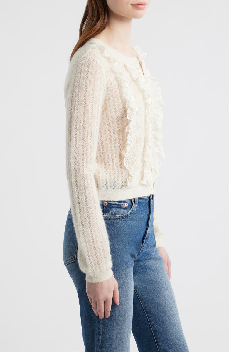 LoveShackFancy Melisse Lace Ruffle Alpaca & Wool Blend Cardigan, Alternate, color, Aspen White