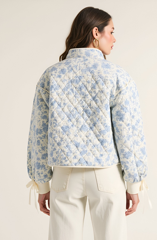 Modenaire Floral Quilted Jacket With Puff Sleeves And Satin Bow Cuffs In Blue