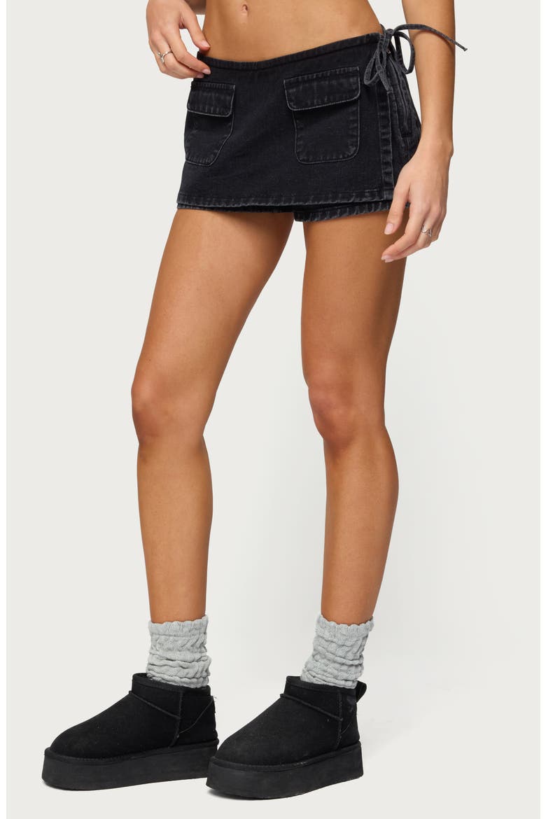 Giselle Wrap Low Rise Denim Miniskort, Alternate, color, BLACK-WASHED