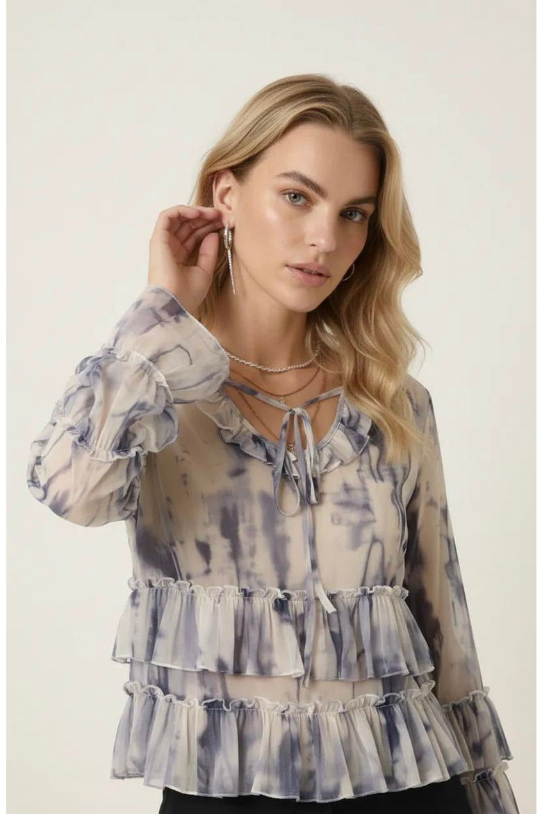 Ruffle Blouse with Tie Neck Detail, Alternate, color, Cream / Charcoal
