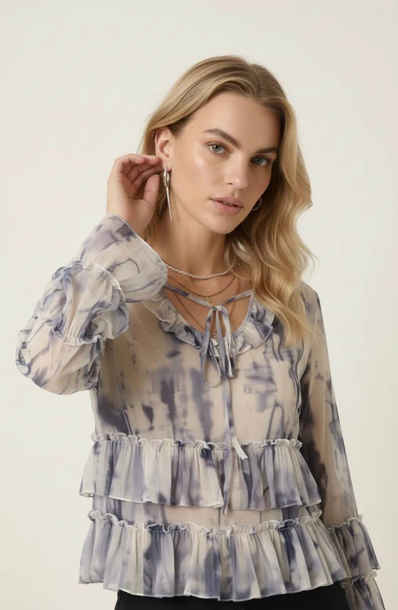 Modenaire Ruffle Blouse with Tie Neck Detail, Alternate, color, Cream / Charcoal