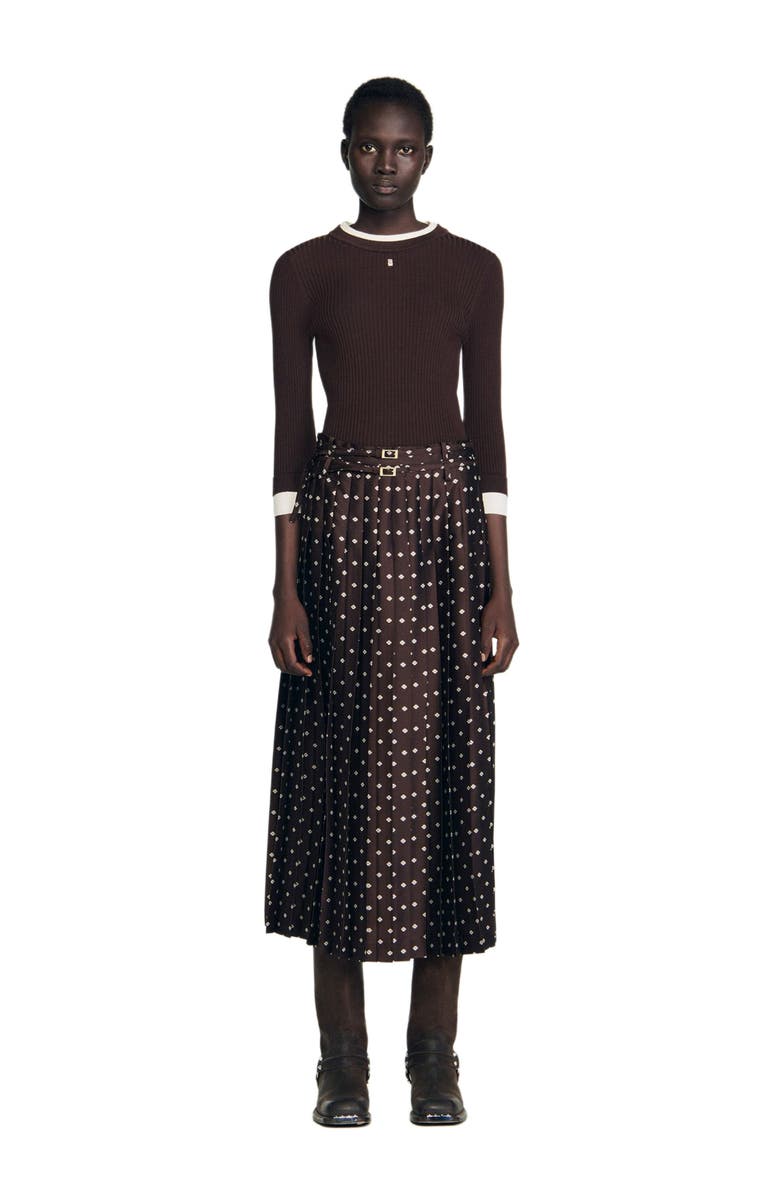 SANDRO Scarf print midi skirt, Alternate, color, Brown / White