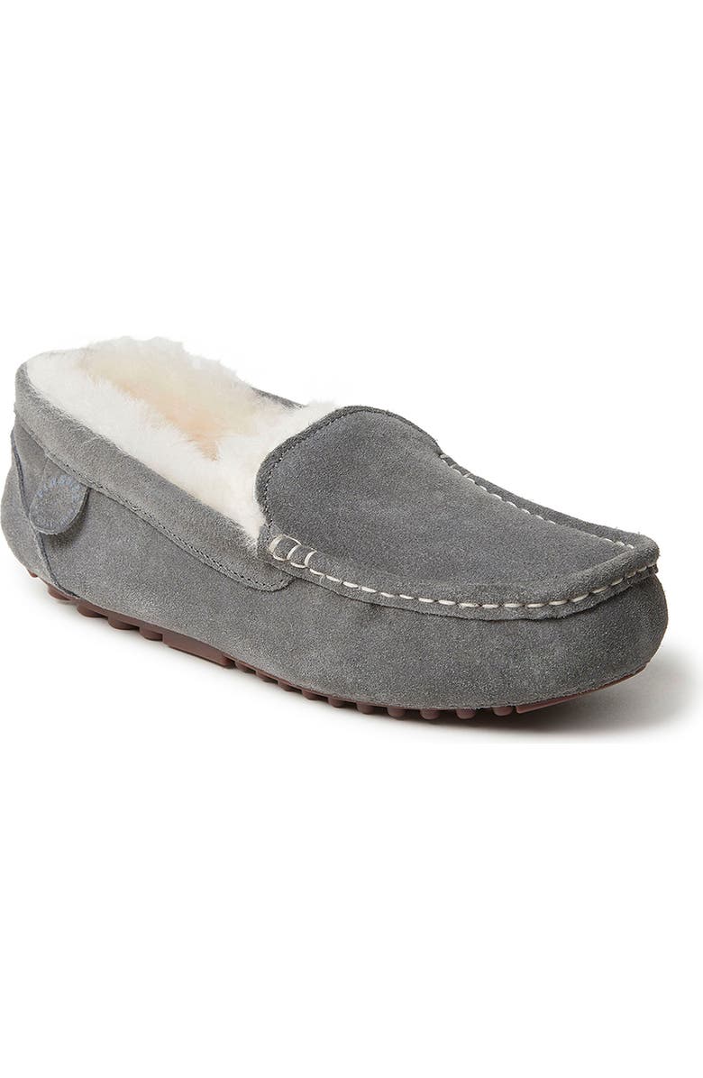 DEARFOAMS Fireside Mel Genuine Shearling Moccasin Slipper, Main, color, Grey