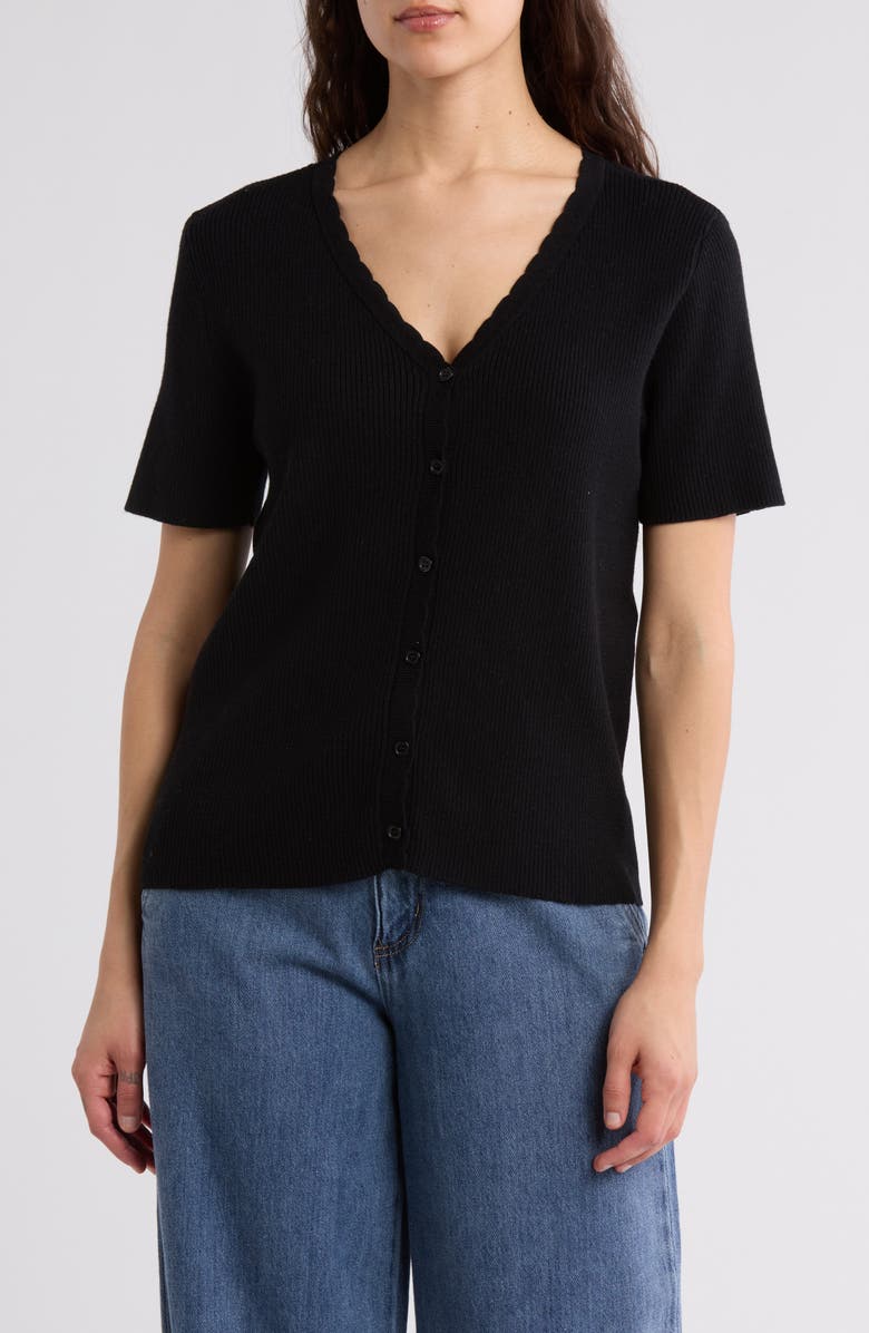 DR2 by Daniel Rainn Scalloped V-Neck Short Sleeve Ribbed Sweater, Main, color,