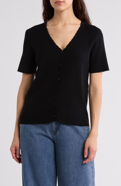 Scalloped V-Neck Short Sleeve Ribbed Sweater