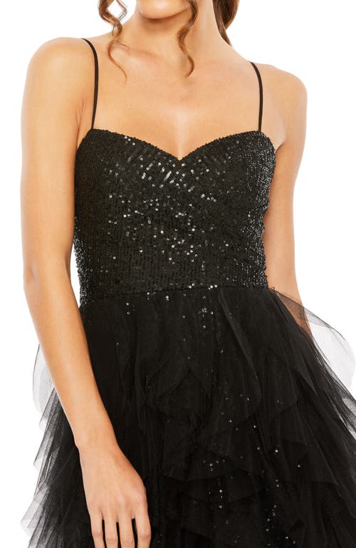 Mac Duggal Women's Ieena Sequin Mini Dress With High Low Ruffle Tiered Train In Black