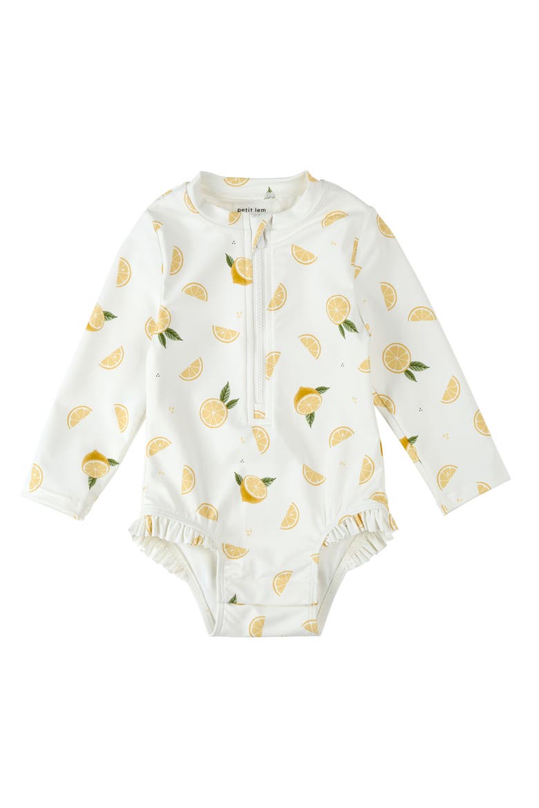 Kids' Lemon Ruffle Long Sleeve UPF 50+ One-Piece Rashguard Swimsuit, Main, color, OFF WHITE