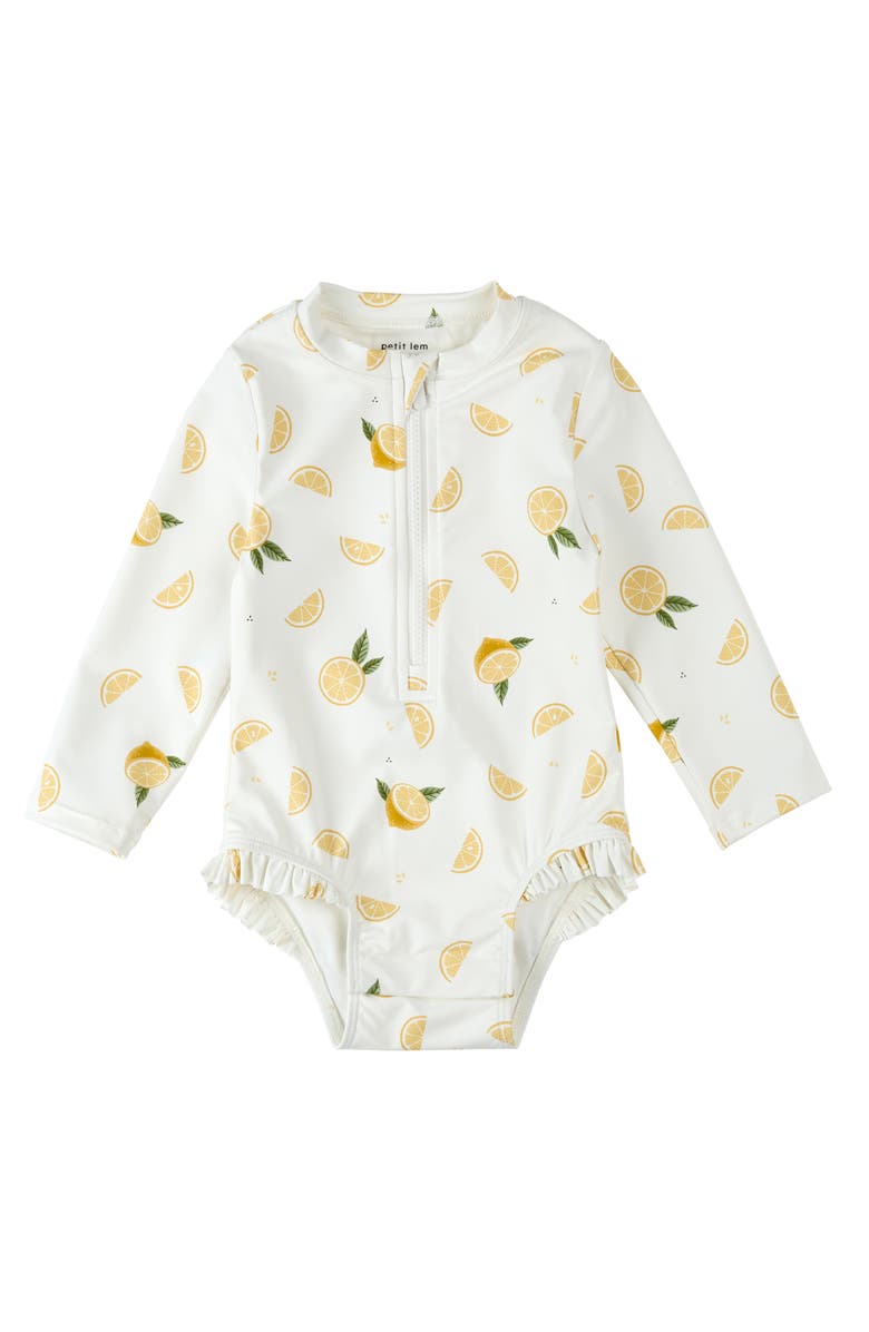 Petit Lem Lemon Print Long Sleeve One-Piece Swimsuit, Main, color, Off White