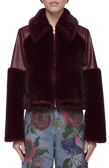 Avec Les Filles Faux Fur & Faux Leather Moto Jacket In Red