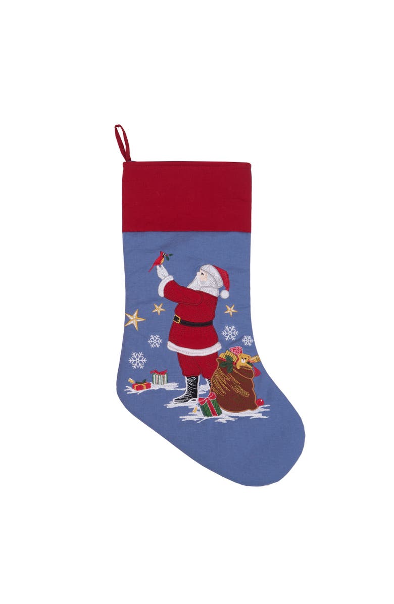C&F Home Santa Claus Holding Red Cardinal Bird 100% Cotton Embroidered Hanging Christmas Stocking 20", Main, color, Blue