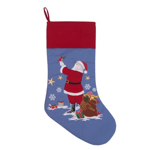 Santa Claus Holding Red Cardinal Bird 100% Cotton Embroidered Hanging Christmas Stocking 20"