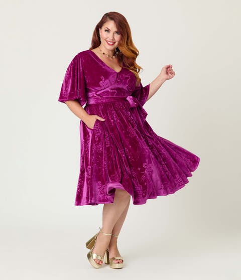 Plus Size 1940s Velvet Flutter Sleeve Swing Dress