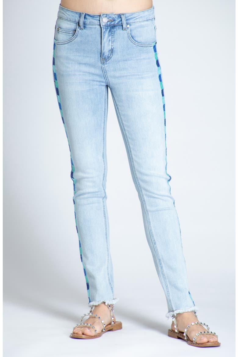 Emma Embroidered Frayed Skinny Jeans, Main, color, LIGHT INDIGO