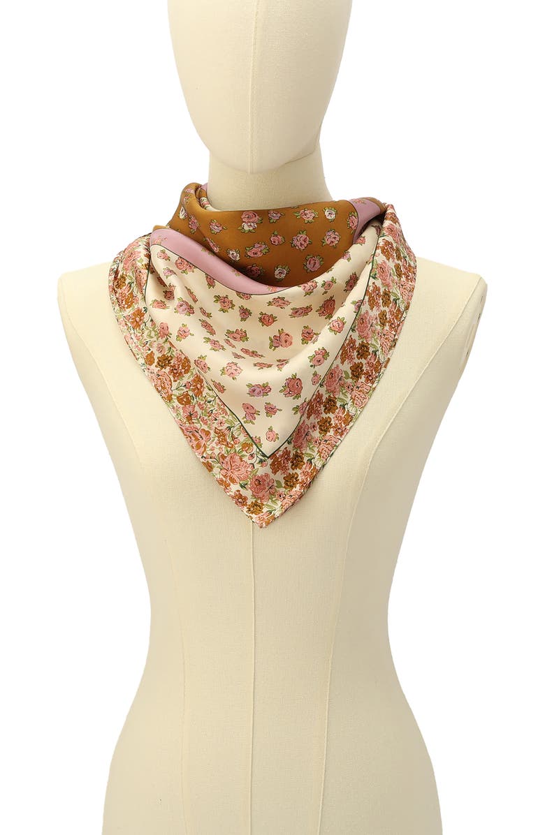 COACH Tea Rose Multi Floral Print Silk Square Scarf, Alternate, color, Honey Brown