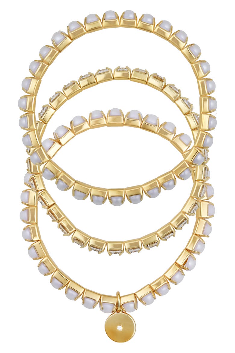 Imitation Pearl and Crystal Set of 3 Stretch Bracelets, Alternate, color, GOLD TONE