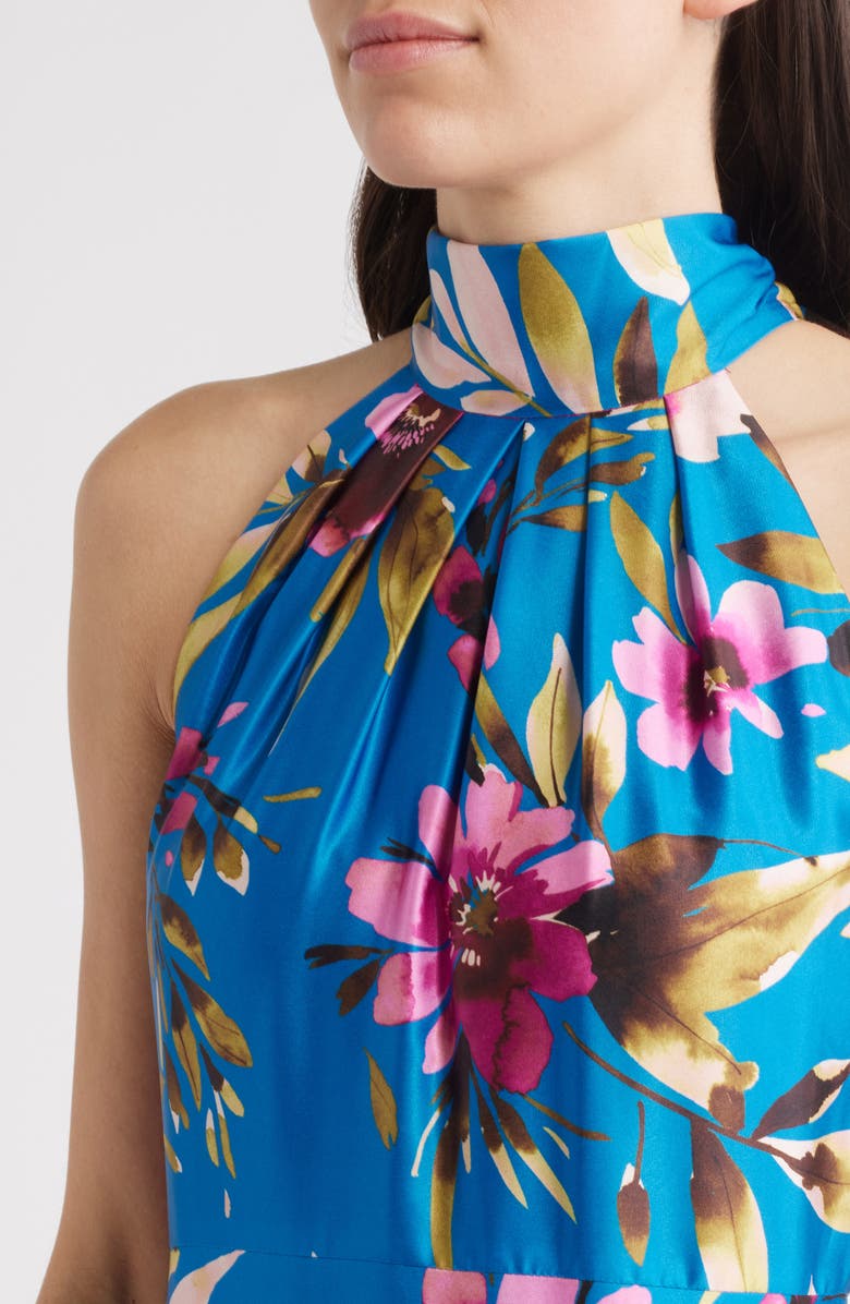 Eliza J Floral High Neck Midi Dress, Alternate, color, Peacock