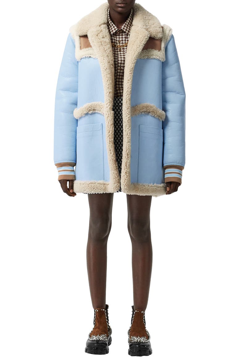 Two-Tone Genuine Shearling & Leather Coat, Alternate, color, BABY BLUE