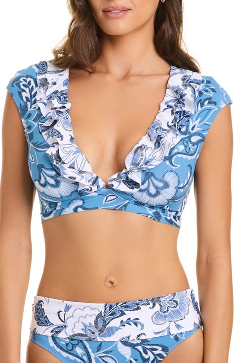 Ruffled Cap Sleeve Crop Swim Top
