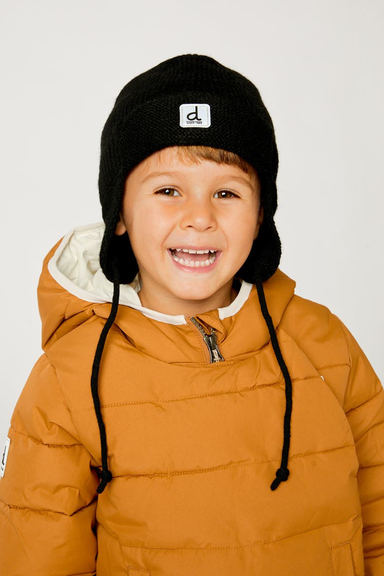 Fleece Lined Ear Flap String Winter Knit Hat, Alternate, color, Noir