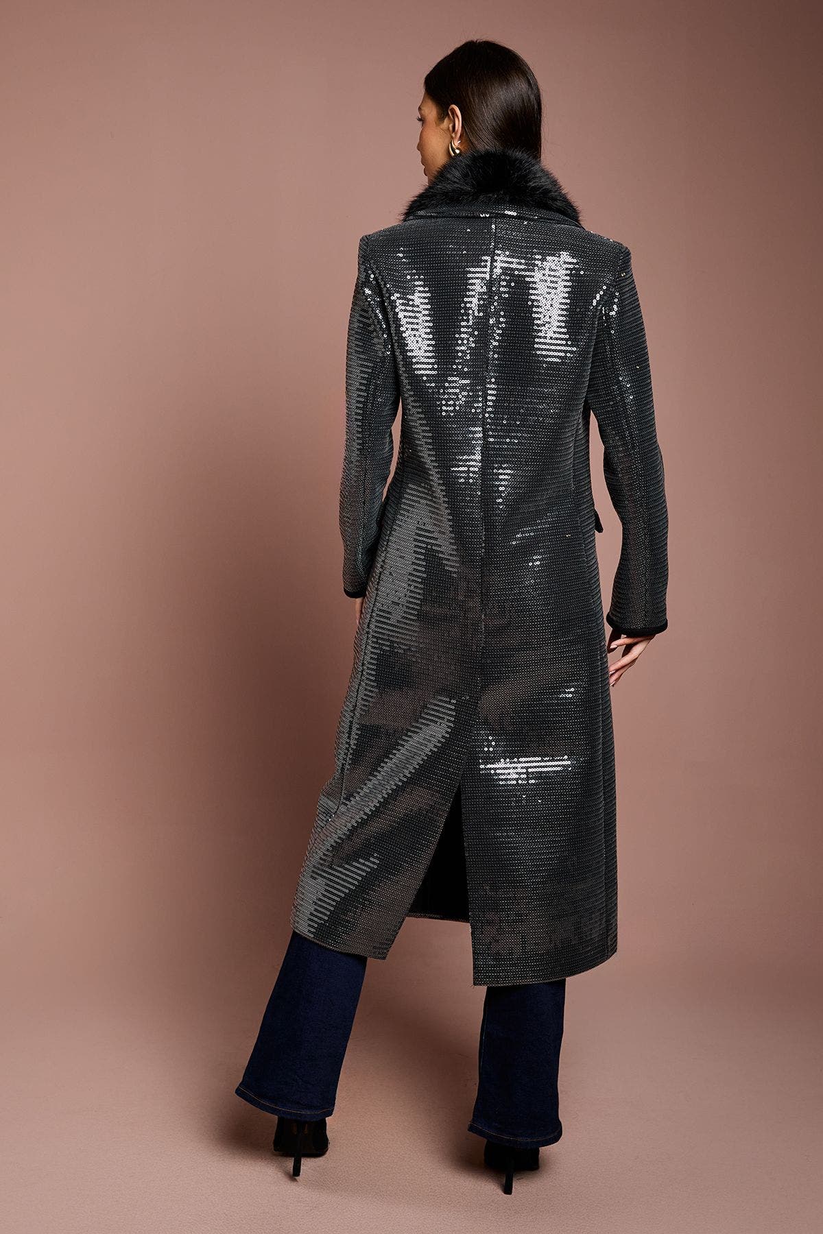 Faux Fur Collar Sequin Longline Coat - image 2
