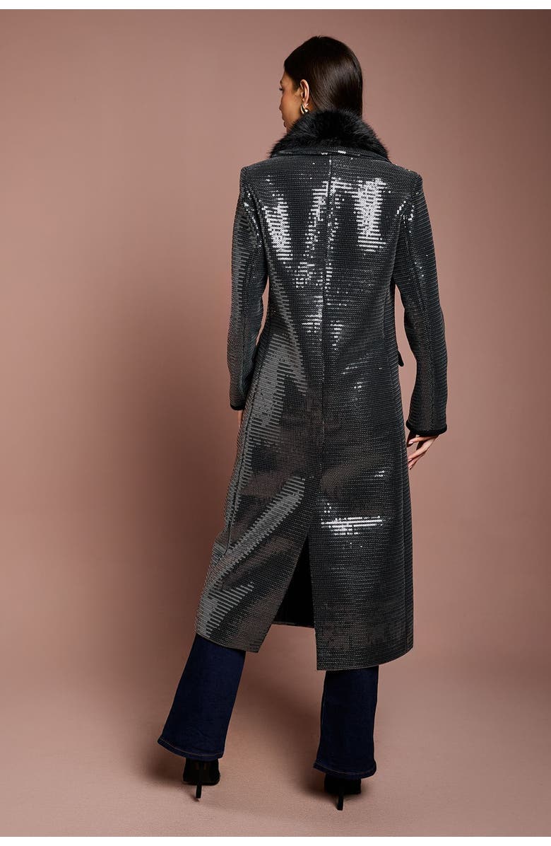 Coast Faux Fur Collar Sequin Longline Coat, Alternate, color, Black