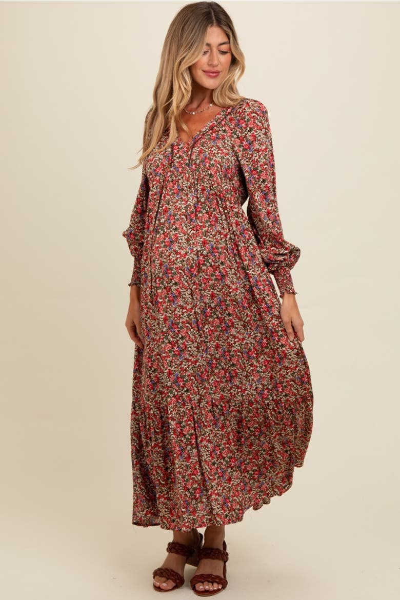 Floral V-Neck Bubble Sleeve Maxi Dress, Main, color, Mocha