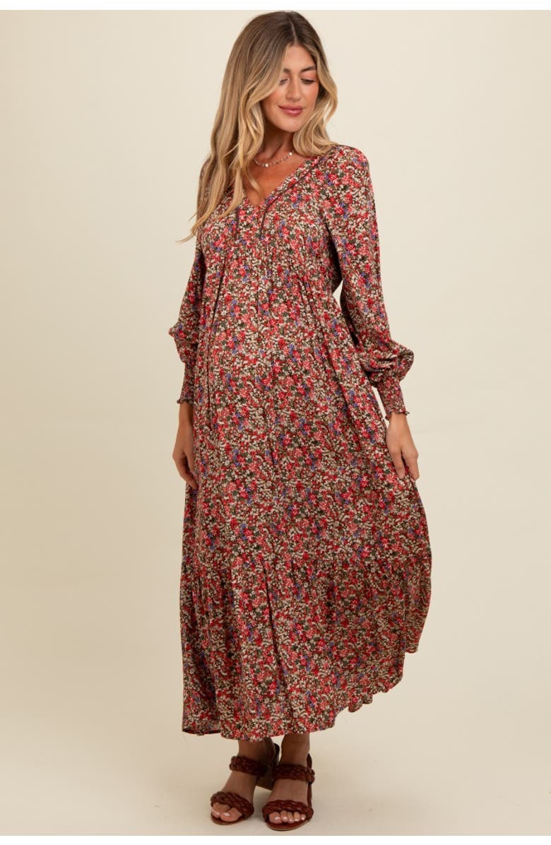PinkBlush Floral V-Neck Bubble Sleeve Maxi Dress, Main, color, Mocha