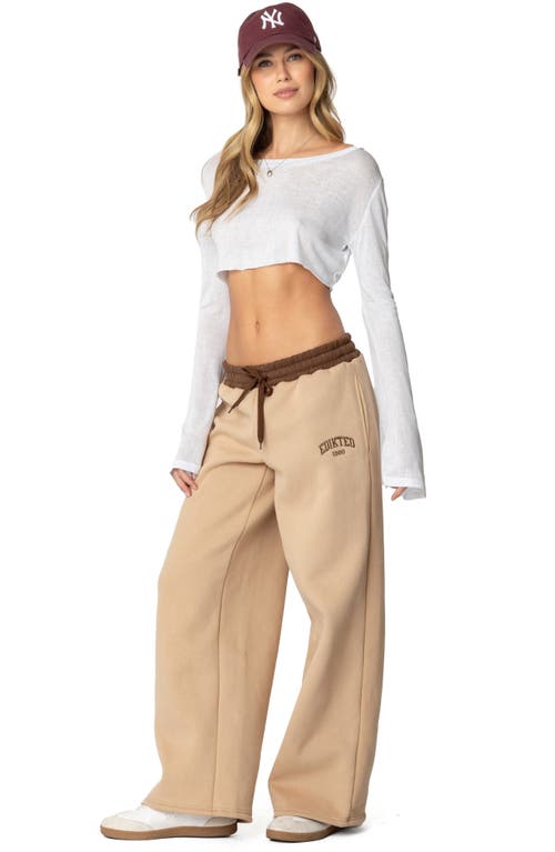 Shop Edikted Contrast Waist Logo Wide Leg Sweatpants In Camel