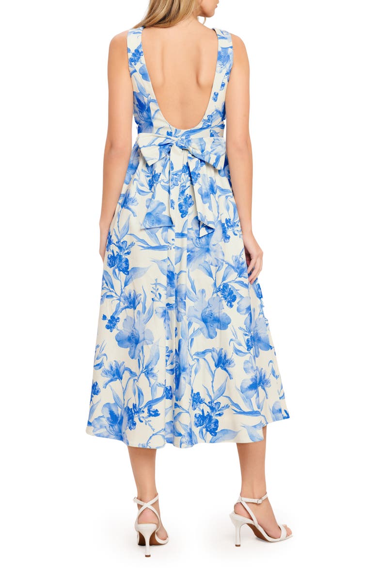 Print Bow Twill Midi Dress, Alternate, color, IVORY BLUE