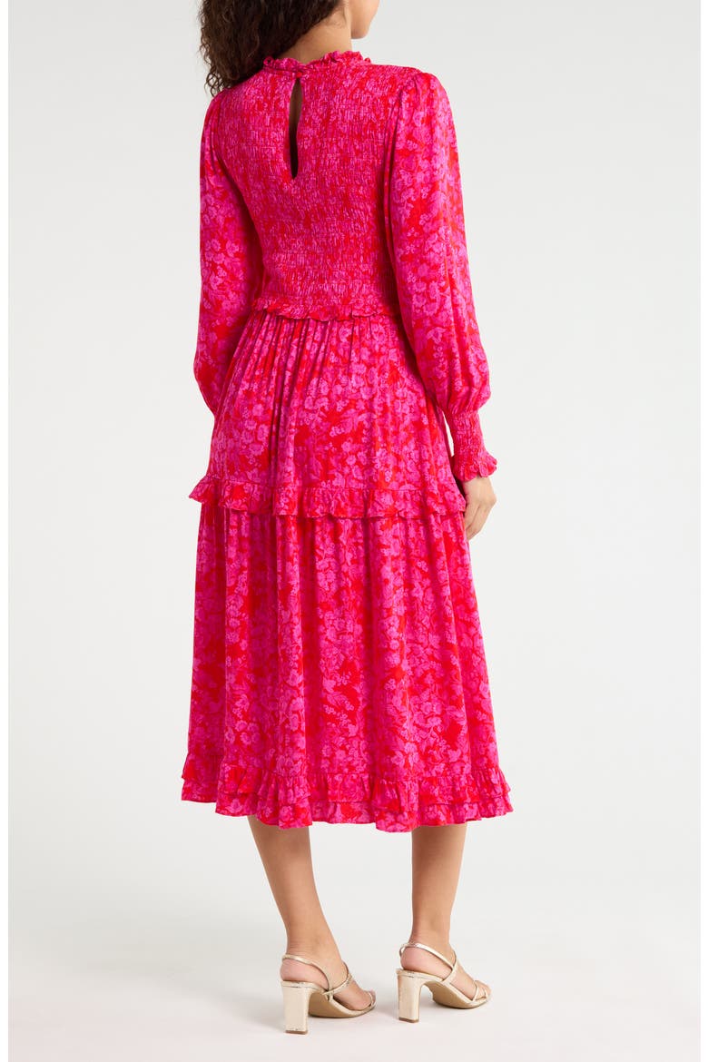 Seldy Smocked Bodice Long Sleeve Midi Dress, Alternate, color, RED-FUCHSIA