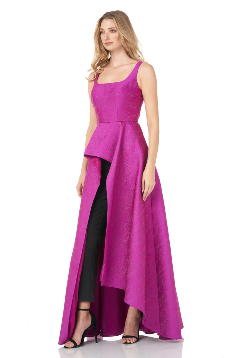 Jacquard Asymmetric Ruffle Maxi Jumpsuit, Alternate, color, CERISE